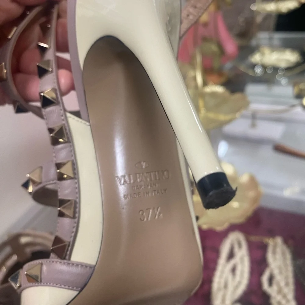 Valentino Two-Tone Rockstud T-Strap Pointed Pumps in Ivory and Nude - Picture 4 of 9